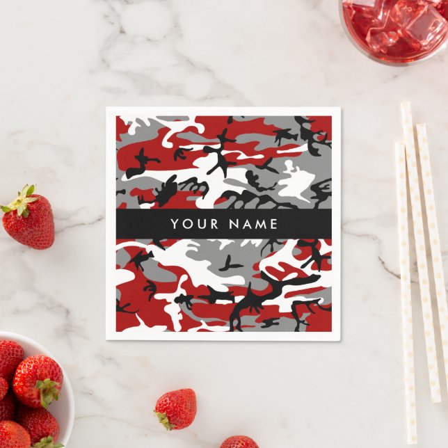 Red and Grey Camouflage Your name Personalize Napkin (Insitu)