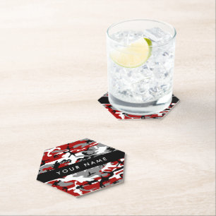 Red and Grey Camouflage Your name Personalize Paper Coaster