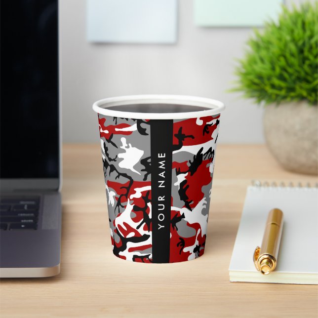 Red and Grey Camouflage Your name Personalize Paper Cups (Insitu)