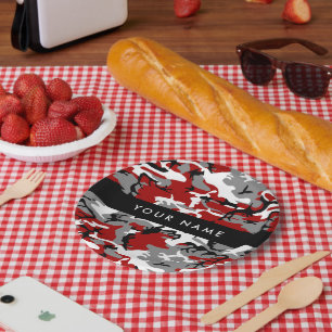 Red and Grey Camouflage Your name Personalize Paper Plate