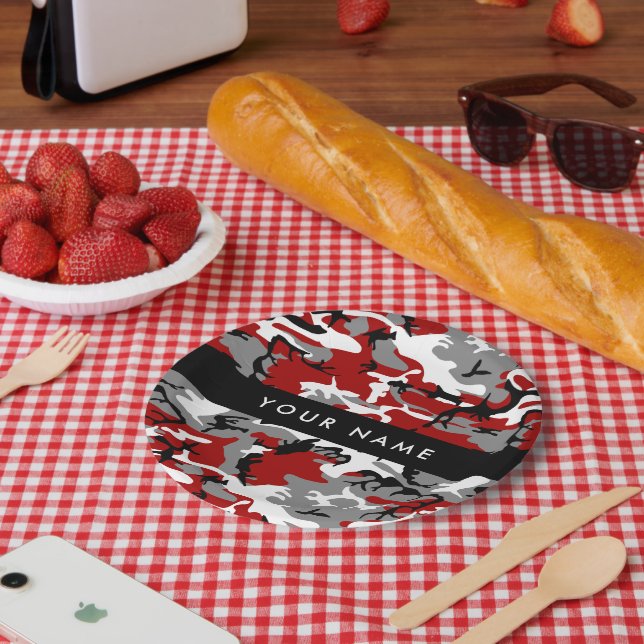 Red and Grey Camouflage Your name Personalize Paper Plate (Picnic)