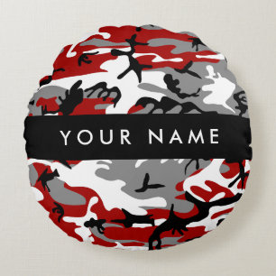 Red and Grey Camouflage Your name Personalize Round Pillow