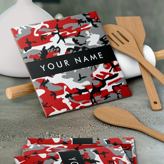 Red and Grey Camouflage Your name Personalize Tile (Creator Uploaded)