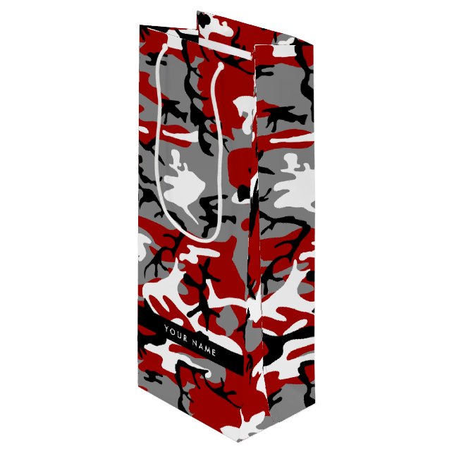 Red and Grey Camouflage Your name Personalize Wine Gift Bag (Front Angled)