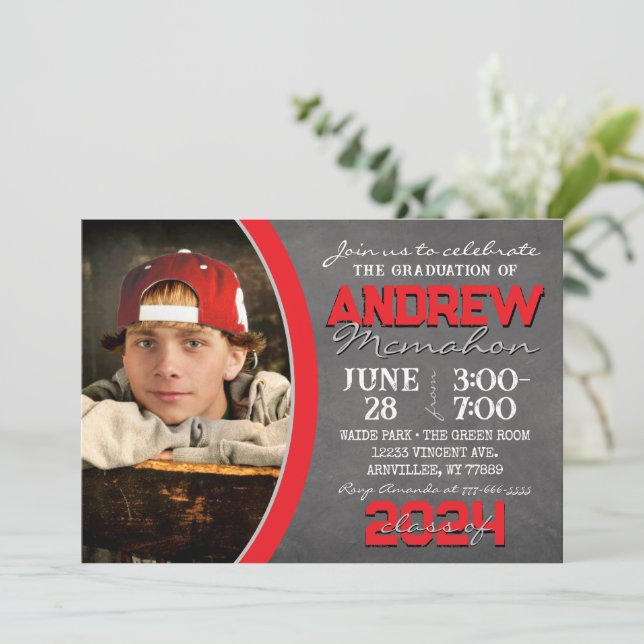 Red and Grey Chalkboard Graduation Invitation (Standing Front)
