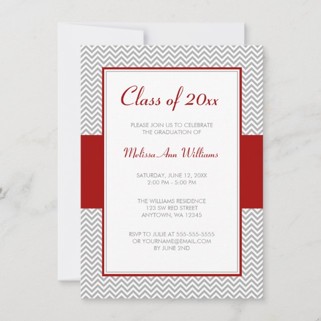 Red and Grey Chevron Graduation Party Invitation (Front)