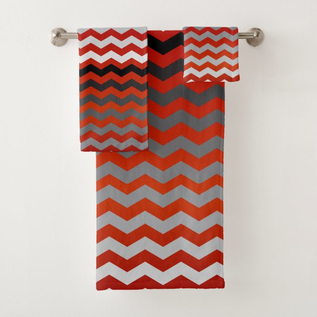 Red and Grey Chevron Stripes Bath Towel Set (Insitu)