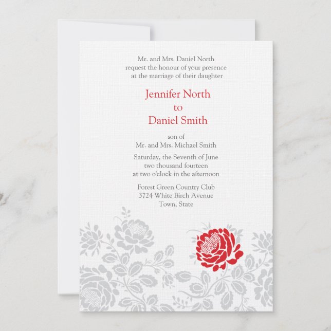 Red And Grey Damask Wedding Invitations (Front)
