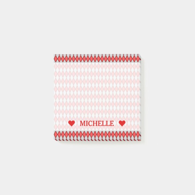Red and Grey Diamond Shape Pattern & Custom Name Post-it Notes (Front)