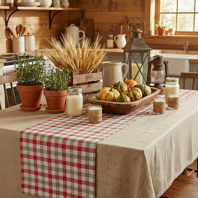 Red and grey farm style plaid medium table runner (Creator Uploaded)