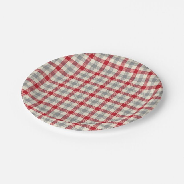 Red and grey farm style plaid paper plate (Angled)