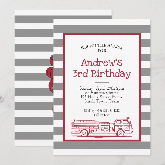 Red and Grey Fire Truck Invitation (Front/Back)