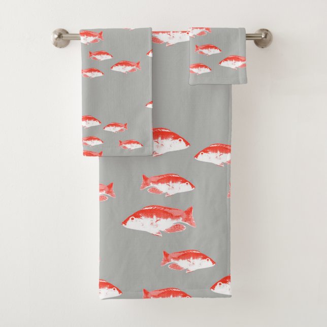 Red and grey fish bath towel set (Insitu)