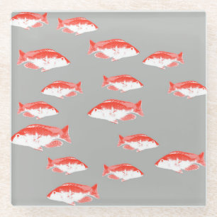 Red and grey fish glass coaster