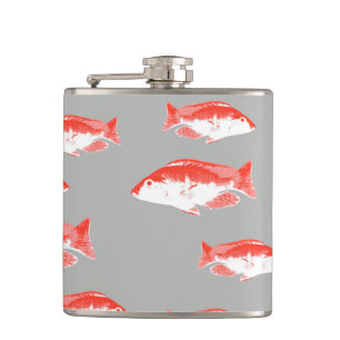 Red and grey fish hip flask