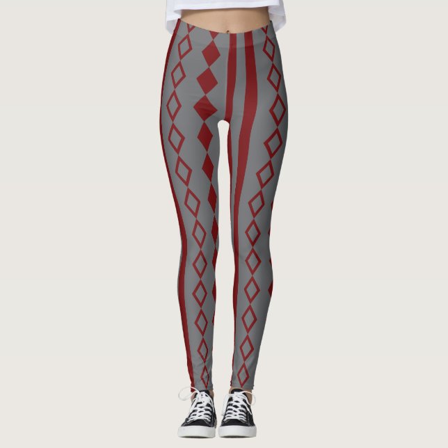 Red and Grey Harlequin and Stripes Pattern Leggings (Front)