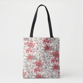 Red and Grey Hibiscus  Tropical Floral Toile Tote Bag