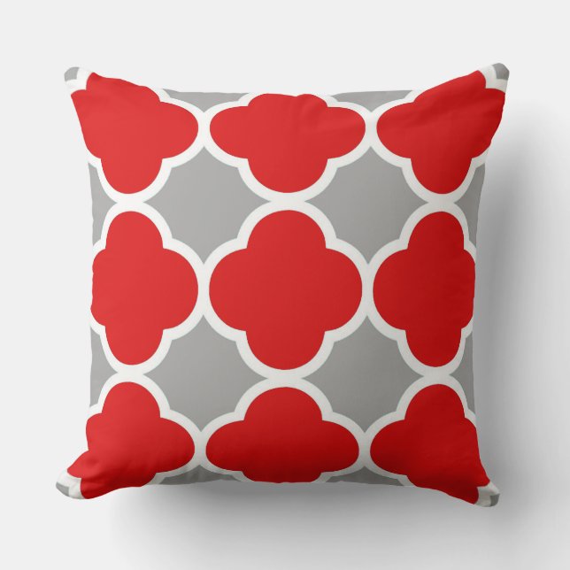 Red and Grey Quatrefoil Pattern Throw Pillow (Front)