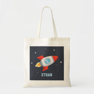 Red and Grey Rocket Blasting Off In Space Tote Bag