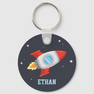 Red and Grey Rocket In Space, Kids Name Keychain