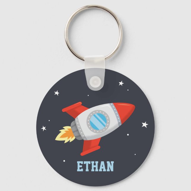 Red and Grey Rocket In Space, Kids Name Keychain (Front)