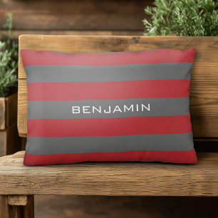 Red and Grey Rugby Stripes with Custom Name Accent Pillow