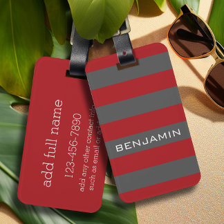 Red and Grey Rugby Stripes with Custom Name Luggage Tag