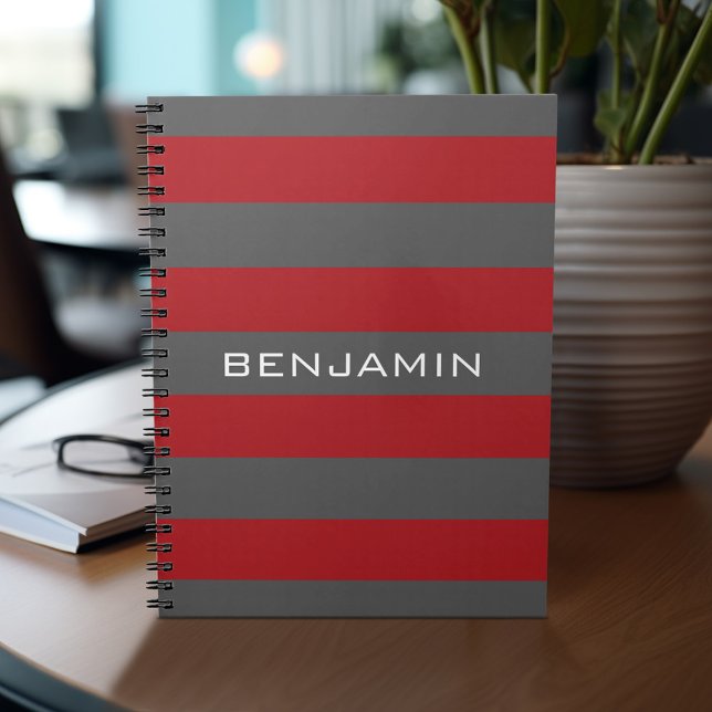 Red and Grey Rugby Stripes with Custom Name Notebook (Personalized notebook with custom text - add your name and other options)