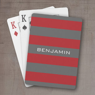 Red and Grey Rugby Stripes with Custom Name Playing Cards