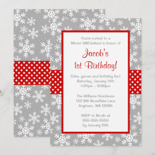 Red and Grey Snowflakes Winter Onederland Invitation