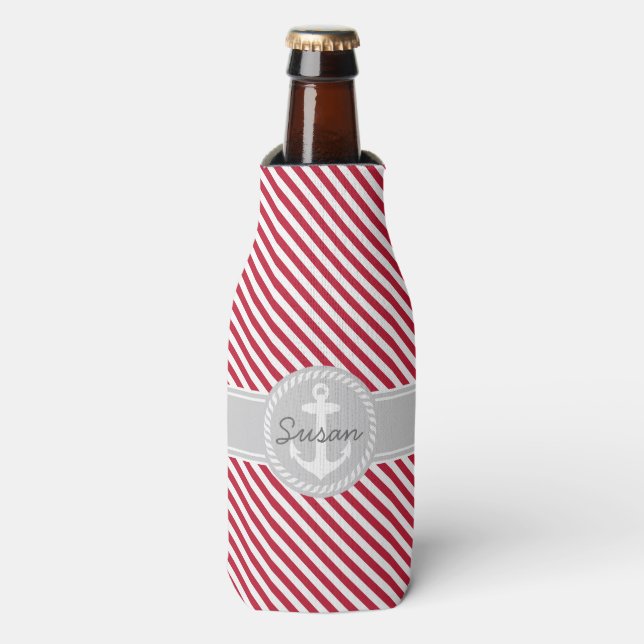 Red and Grey Stripes Nautical Anchor Monogram Bottle Cooler (Bottle Front)