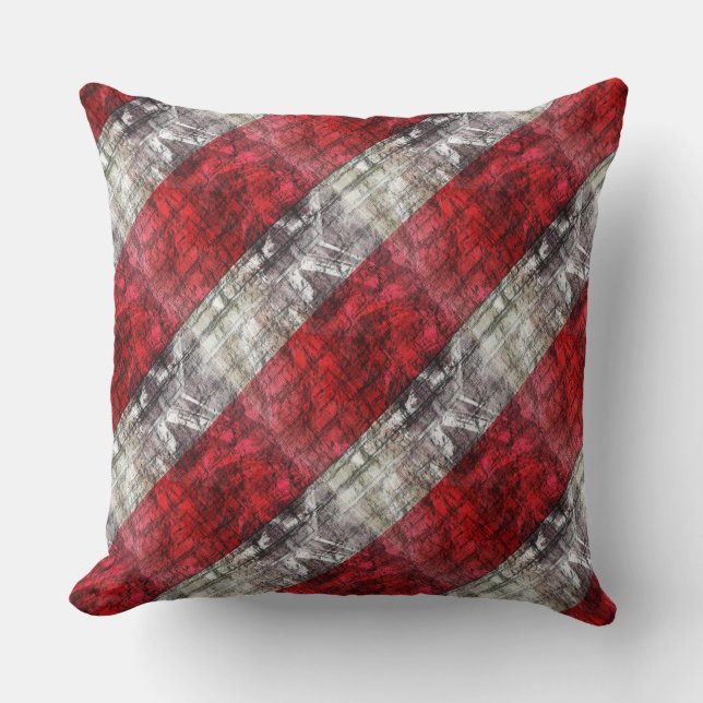 Red And Grey Textured Stripes Throw Pillow (Front)