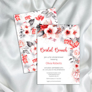 Red and Grey Watercolor Flowers Bridal Brunch  Invitation