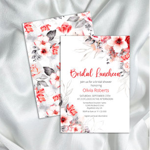 Red and Grey Watercolor Flowers Bridal Luncheon Invitation