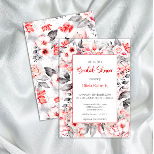 Red and Grey Watercolor Flowers Bridal Shower Invitation