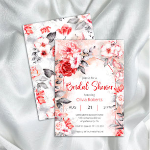 Red and Grey Watercolor Flowers Bridal Shower Invitation