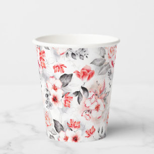 Red and Grey Watercolor Flowers Bridal Shower Paper Cups