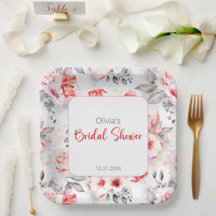 Red and Grey Watercolor Flowers Bridal Shower Paper Plate