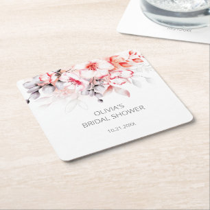 Red and Grey Watercolor Flowers Bridal Shower Square Paper Coaster