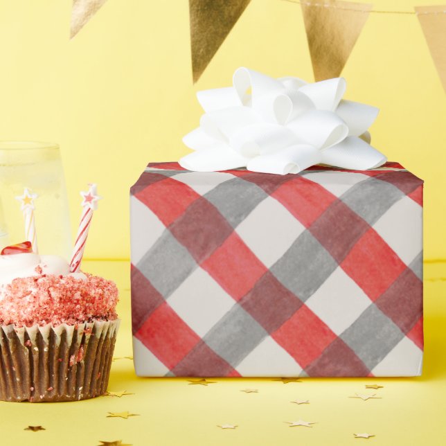 Red and Grey Watercolor Plaid Wrapping Paper (Birthday Party)