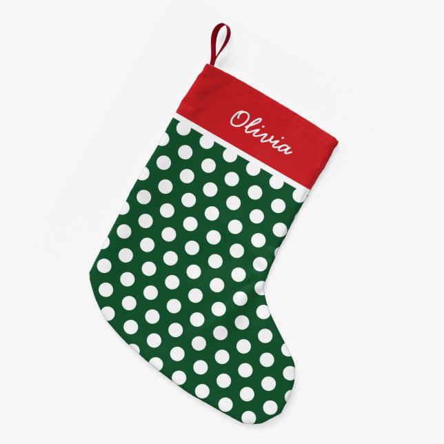 Red and Hunter Green Holiday Dots Monogram Small Christmas Stocking (Front (Hanging))