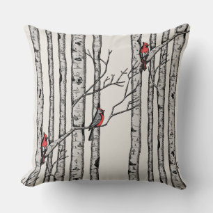 Red and Ivory Birch Trees and Red Cardinal Birds Throw Pillow
