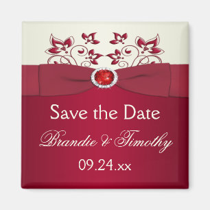 Red and Ivory Floral Save the Date Magnet