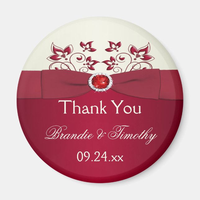 Red and Ivory Floral Wedding Favour Magnet (Front)