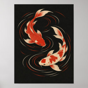 Red and Ivory Koi Fish Ripples Japanese Art Poster