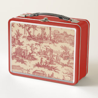 Red and Ivory Toile de Jouy Metal Lunch Box