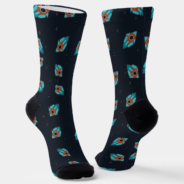 Red and light blue space rocket socks (Angled)