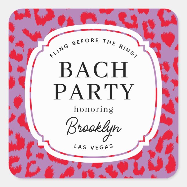 Red and Lilac Animal Print Bachelorette Party Square Sticker (Front)