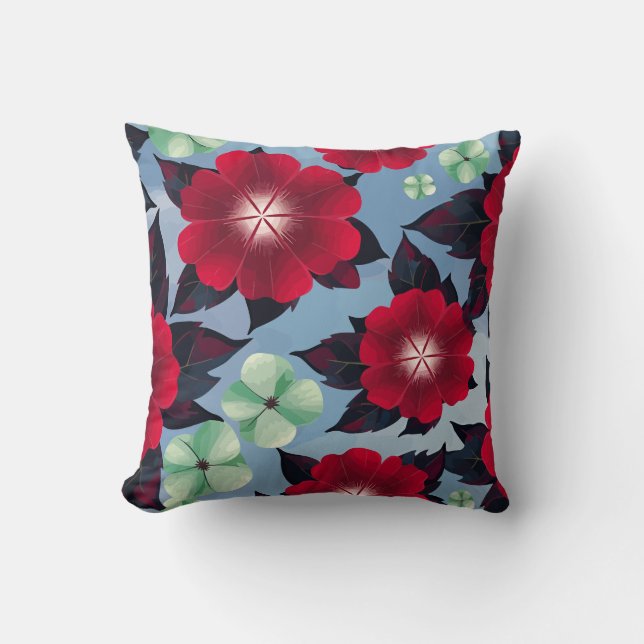 Red and Mint Green Floral on Sky Blue background Throw Pillow (Front)