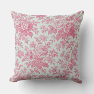 Red and Mint Green Floral Toile de Jouy Throw Pillow
